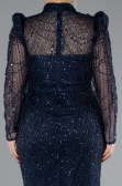 Navy Blue Long Sleeve High Collar Stoned Evening Gown ABU4526