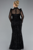 Black Long Sleeve High Collar Stoned Evening Gown ABU4526