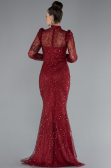 Burgundy Long Sleeve High Collar Stoned Evening Gown ABU4526