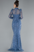 Indigo Long Sleeve High Collar Stoned Evening Gown ABU4526