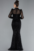 Black Long Sleeve High Collar Stoned Evening Gown ABU4526