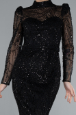 Black Long Sleeve High Collar Stoned Evening Gown ABU4526