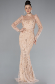 Salmon Long Sleeve High Collar Stoned Evening Gown ABU4526