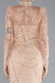 Salmon Long Sleeve High Collar Stoned Evening Gown ABU4526