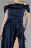 Navy Blue Slit Long Satin Prom Gown ABU4531