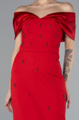 Red Satin Boat Neck Stone Midi Evening Dress ABK2212