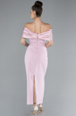Powder Color Satin Boat Neck Stone Midi Evening Dress ABK2212