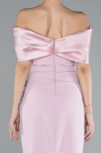 Powder Color Satin Boat Neck Stone Midi Evening Dress ABK2212