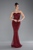 Burgundy Strapless Shawl Stoned Long Evening Gown ABU4517
