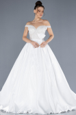 White Pearled Boat Neck Long Satin Wedding Dress ABU4578