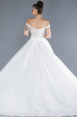 White Pearled Boat Neck Long Satin Wedding Dress ABU4578