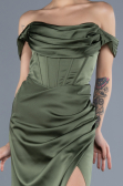 Olive Drab Boat Neck Slit Satin Long Prom Gown ABU4582