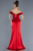Red Boat Neck Slit Satin Long Prom Gown ABU4582