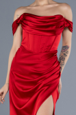 Red Boat Neck Slit Satin Long Prom Gown ABU4582