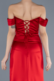 Red Boat Neck Slit Satin Long Prom Gown ABU4582