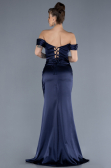 Navy Blue Boat Neck Slit Satin Long Prom Gown ABU4582
