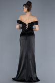Black Boat Neck Slit Satin Long Prom Gown ABU4582