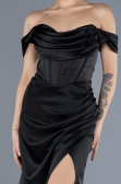 Black Boat Neck Slit Satin Long Prom Gown ABU4582