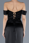 Black Boat Neck Slit Satin Long Prom Gown ABU4582
