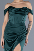 Emerald Green Boat Neck Slit Satin Long Prom Gown ABU4582
