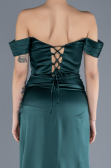 Emerald Green Boat Neck Slit Satin Long Prom Gown ABU4582