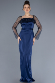 Navy Blue Scaly Long Sleeve Satin Tail Evening Gown ABU4583