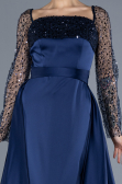 Navy Blue Scaly Long Sleeve Satin Tail Evening Gown ABU4583