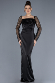 Black Scaly Long Sleeve Satin Tail Evening Gown ABU4583
