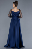 Navy Blue Scaly Long Sleeve Satin Tail Evening Gown ABU4583