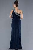 Navy Blue One Shoulder Slit Glittered Long Prom Dress ABU4599