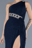 Navy Blue One Shoulder Slit Glittered Long Prom Dress ABU4599