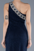 Navy Blue One Shoulder Slit Glittered Long Prom Dress ABU4599