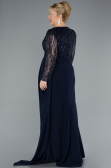Navy Blue Stoned Long Sleeve Slit Plus Size Evening Gown ABU4311