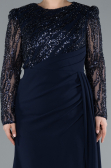 Navy Blue Stoned Long Sleeve Slit Plus Size Evening Gown ABU4311