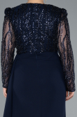 Navy Blue Stoned Long Sleeve Slit Plus Size Evening Gown ABU4311