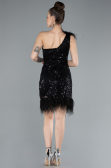 Black Feathered One Shoulder Short Scaly Evening Dress ABU4580