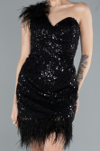 Black Feathered One Shoulder Short Scaly Evening Dress ABU4580