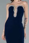 Navy Blue Stoned Strapless Neck Long Mermaid Evening Gown ABU4687
