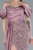 Powder Color Boat Neck Slit Long Sequined Evening Gown ABU4085