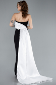 Black-White Strapless Satin Train Evening Gown ABU4690