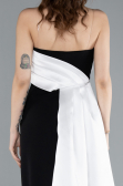 Black-White Strapless Satin Train Evening Gown ABU4690