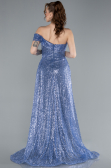 Indigo One Shoulder Taıled Sequined Long Evening Gown ABU4691