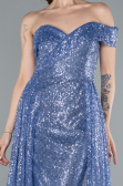 Indigo One Shoulder Taıled Sequined Long Evening Gown ABU4691