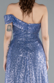 Indigo One Shoulder Taıled Sequined Long Evening Gown ABU4691