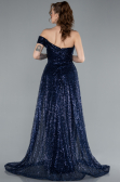 Navy Blue One Shoulder Taıled Sequined Long Evening Gown ABU4691