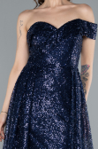 Navy Blue One Shoulder Taıled Sequined Long Evening Gown ABU4691