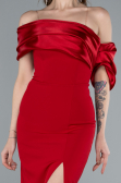 Red Off Shoulder Satin Drape Slit Evening Gown ABU4024