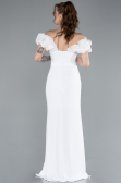 White Boat Neck Slit Stone Long Evening Gown ABU4696