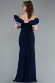 Navy Blue Boat Neck Slit Stone Long Evening Gown ABU4696