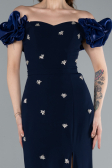 Navy Blue Boat Neck Slit Stone Long Evening Gown ABU4696